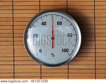Analog Hygrometer On A Wooden Background. Close-up Image Of Humidity Meter. Appropriate Air Humidity