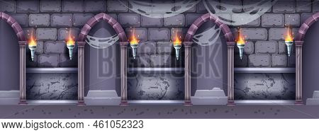 Castle Dungeon Interior Seamless Background, Stone Arch Wall, Vector Game Medieval Night Corridor. A