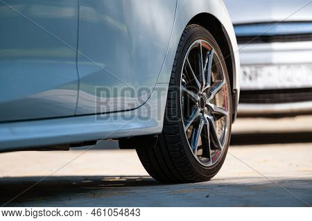 Sports Car Wheels, Low Profile Tires On Aluminum Rims, Close-up, Selective Focus