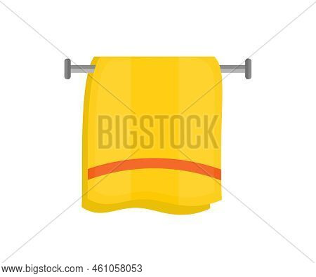 Bath Towel, Flat Illustration Logo Design. Yellow Fluffy Bath Towel Hanging On Wall. Towel Bath For 
