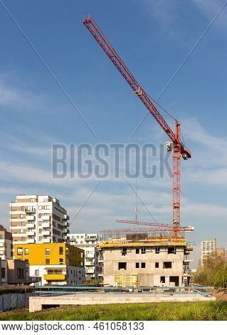 Crains On Construction Site Of Building. Construction Background Copy Space