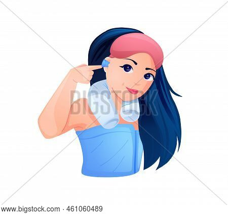 Cartoon Girl In Pajamas Pointing With Her Hand At The Ear Plugs In Her Ears