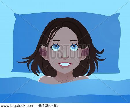 Cartoon Happy Girl In Pajamas Lies Contented In Silence With Ear Plugs