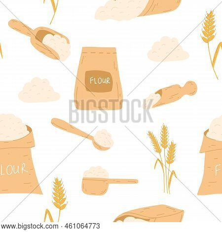 Seamless Pattern With Baking Ingredients In Flat Style On White Background. Bag With Flour, Wheat Ea