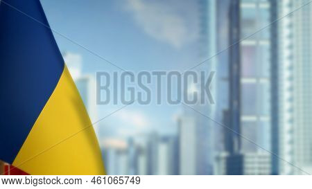 Flag Of Romania On Modern City Architecture Bokeh Background For National Celebration - Abstract 3d 
