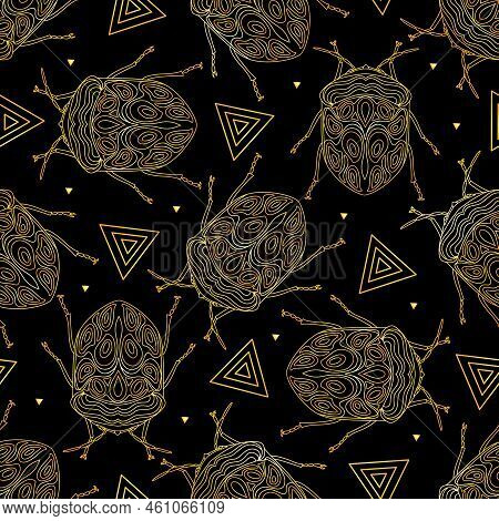 Seamless Pattern With Golden Insects And Triangles On A Black Background. Golden Pattern With Bugs. 