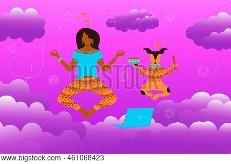 Young Woman Practicing Yoga And Meditation Together With Her Dog On Sky Backgrpond With Clouds.