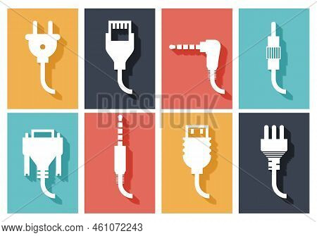 Electric Plug Flat Icons Set. Connection Technology, Connector Electric Power, Device Connect, Wire 