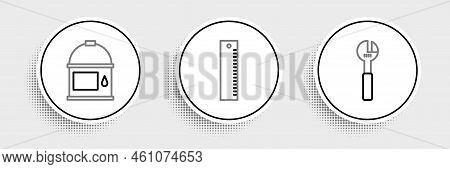 Set Line Adjustable Wrench, Paint Bucket And Ruler Icon. Vector