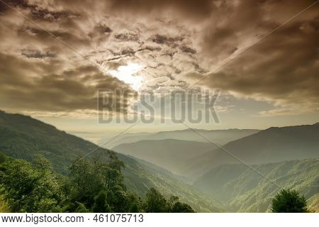 Beautiful Scenic View Of Rinchenpong, Sikkim. Cloudy Sky Above Himalayan Mountains.