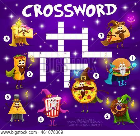 Crossword Quiz Game Grid, Halloween Fast Food Cartoon Wizard And Mage Characters, Vector Worksheet. 