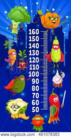 Kids Height Chart With Cartoon Vegetable Superheroes Growth Meter. Vector Stadiometer With Veggies S