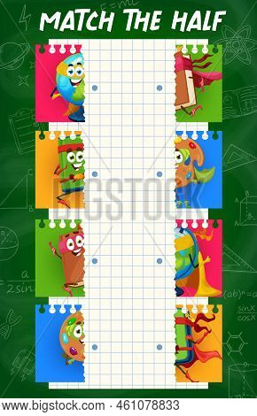 Match The Half Of Cartoon School Education Superhero Characters. Figure Fragment Search Vector Quiz 