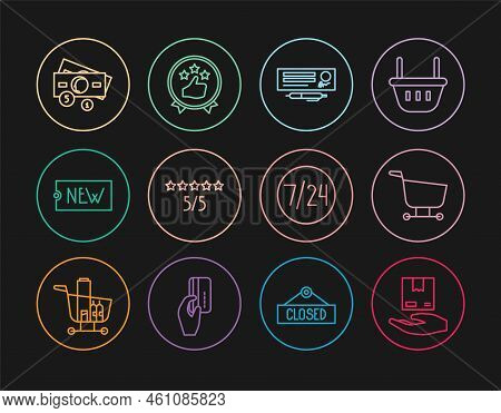 Set Line Delivery Hand With Boxes, Shopping Cart, Bank Check Pen, Consumer Or Customer Product Ratin