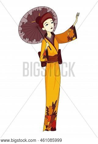 Japanese Girl Standing In Kimono. Women In Traditional Style Costume. Full Length Portrait Of Typica