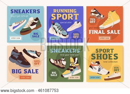 Sale Cards Designs Set For Sport Store With Fashion Sneakers, Trainers. Square Ad Backgrounds With S
