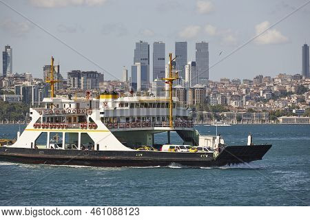 Comercial Ferry Traffic In The Bosphorus Strait. Istanbul Cityscape. Turkey