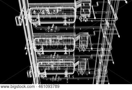 Industrial Equipment. X-ray 3d Illustration On Black Background. Non-destructive Testing Concept