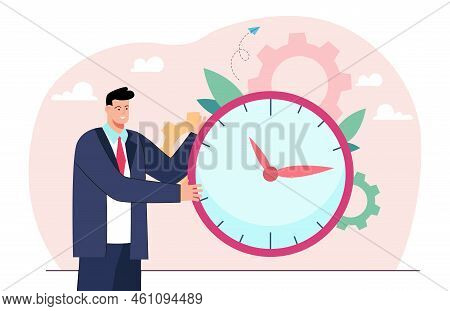 Cartoon Office Worker Standing Next To Huge Clock. Man In Suit With Clock Face Flat Vector Illustrat