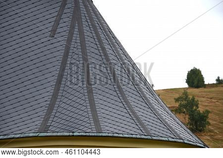 Roofs Lined With Natural Stone Slate. Typical For Cottages And Stately Residences, Castles And Noble