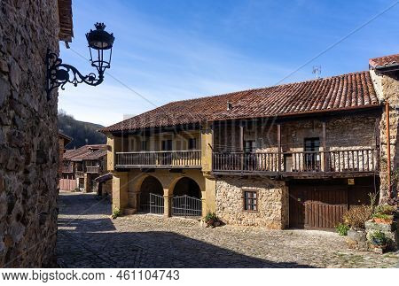 Barcena Mayor, Spain - January 16, 2022: Beautiful Village Of Barcena Mayor With The Traditional Sto