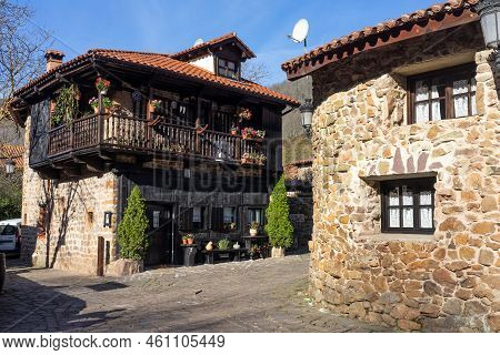 Barcena Mayor, Spain - January 16, 2022: Beautiful Village Of Barcena Mayor With The Traditional Sto