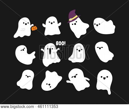 Little Cute Ghosts Collection, Happy Halloween Set Of Flat Halloween Scary Ghostly Monsters. Cartoon