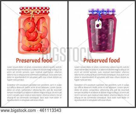 Preserved Food Poster Canned Plums And Pickled Red Pepper In Glass Jar With Label. Home Cooking Frui