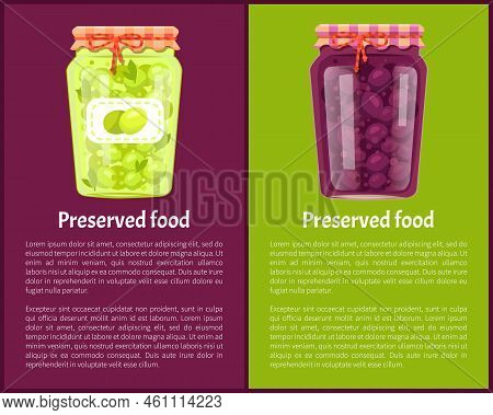 Preserved Food Poster Canned Plums And Green Olives In Glass Jars With Label. Home Cooking Fruit Con