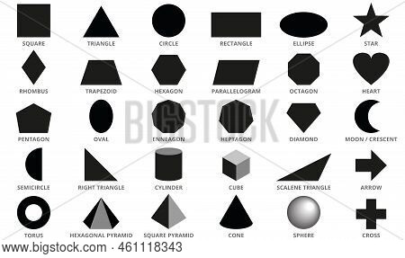Set Of Black Geometric Figures. Flat Shapes Design, Vector Illustration