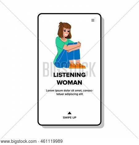 Listening Woman Vector. Girl Listen, Ear Hear, Person Adult, Sound Female, Music Hand, Happy Young P