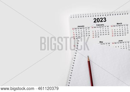 Calendar Year 2023 Schedule With Blank Note For To Do List On Paper Background. Flat Lay With Calend