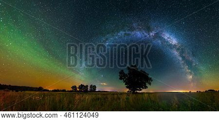 Panorama View Of Milky Way In The Night Sky, Deep Starry Sky With Milky Way Over Head