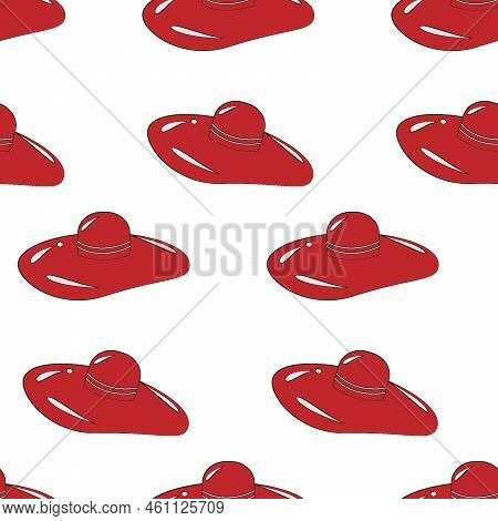 Seamless Pattern From Red Wide Brimmed Holiday Hat On A Transparent Background. Isolate. Lifestyle