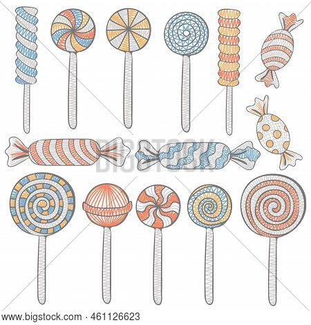 Set Of Candies, Lollipop, Sugar Caramel In Wrapper And Twisted Marshmallow On Stick. Hand Drawn Vect