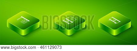 Set Isometric Dressing Table, Furniture Nightstand And Office Desk Icon. Vector