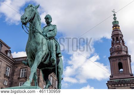 Christiansborg Palace In Copenhagen And A Monument To King Christian The Ninth. Danish Parliament Fo