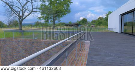Metal Railing With Glass Panels On The Roof Of An Advanced Country House. Terrace With Wooden Floori