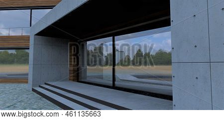 Contemporary Entrance To The Exclusive Design House. Concrete Walls Of The Porch. Facde Finishing Is