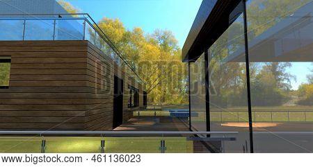 A Wonderful Autumn Day. Sun Glare Plays On The Terrace Of A Country-style Sports House Built In A Mi