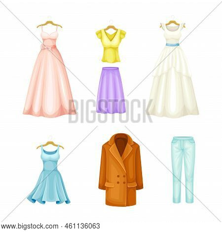Neat And Clean Clothing With Dress On Hanger And Coat Vector Set