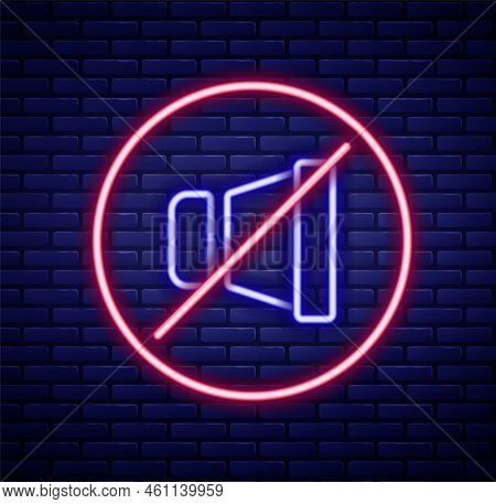Glowing Neon Line Mute Microphone Icon Isolated On Brick Wall Background. Microphone Audio Muted. Co