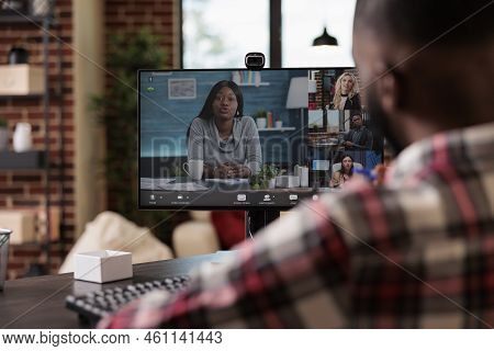 Company Worker Talking On Online Videoconference, Using Teleconference Meeting With Colleagues On We