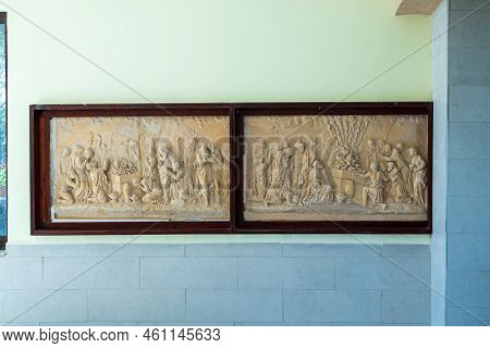 Haifa, Israel. June 26, 2022: Muhraka Monastery Of The Carmelite On The Carmel Mount . Bas-relief De