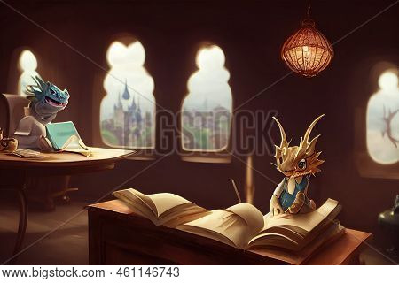Fairy Tale Dragon Reading  In Medieval Library. Dragon Teacher And Student Cartoon Kids. Concept Art