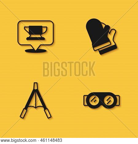 Set Blacksmith Anvil Tool, Welding Glasses, Air Blower Bellows And Protective Gloves Icon With Long 