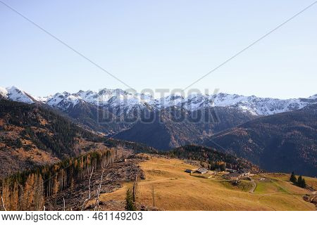 Mocheni Valley Autumn Landscape, Baselga Di Pine, Italy. Mountain View