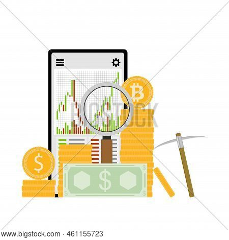 Mining And Crypto Exchange, Trading And Cryptocurrency Market, Analysis Of Bar Chart. Vector Illustr
