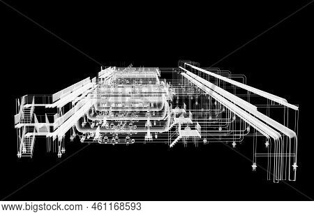 Industrial Equipment. X-ray 3d Illustration On Black Background. Non-destructive Testing Concept