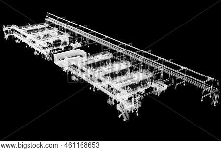 Industrial Equipment. X-ray 3d Illustration On Black Background. Non-destructive Testing Concept